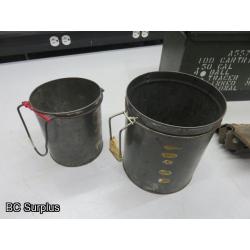 Q-83: Ammo Box; Folding Shovel; Tins – 1 Lot