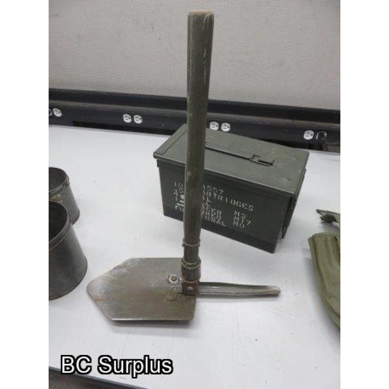 Q-83: Ammo Box; Folding Shovel; Tins – 1 Lot