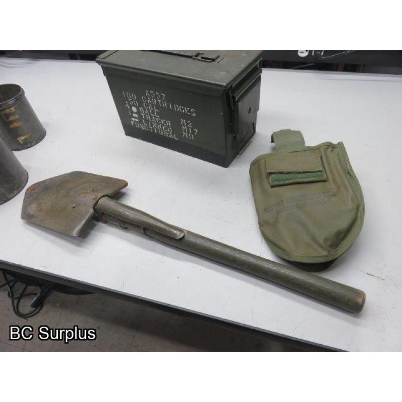 Q-83: Ammo Box; Folding Shovel; Tins – 1 Lot