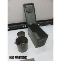 Q-83: Ammo Box; Folding Shovel; Tins – 1 Lot