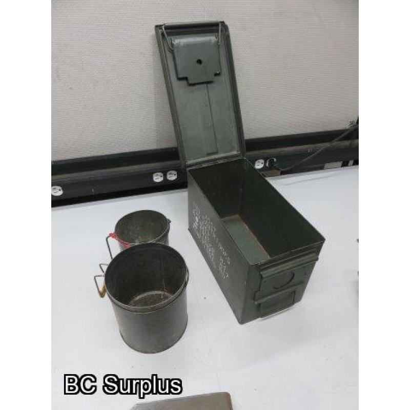 Q-83: Ammo Box; Folding Shovel; Tins – 1 Lot