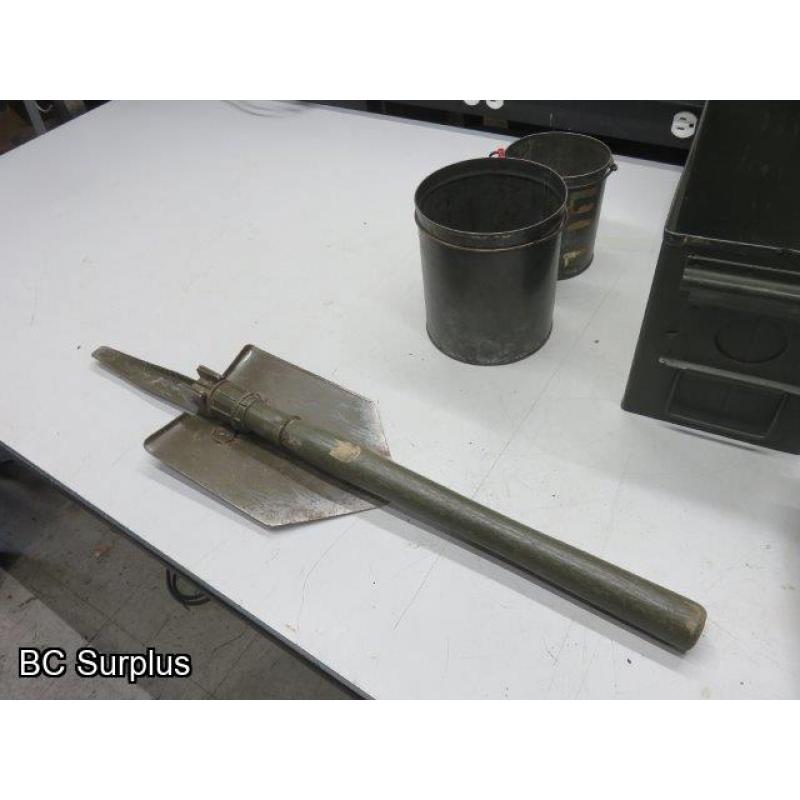 Q-83: Ammo Box; Folding Shovel; Tins – 1 Lot