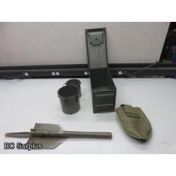 Q-83: Ammo Box; Folding Shovel; Tins – 1 Lot