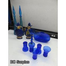 Q-180: Vintage Decanters & Glassware – Blue – 1 Lot