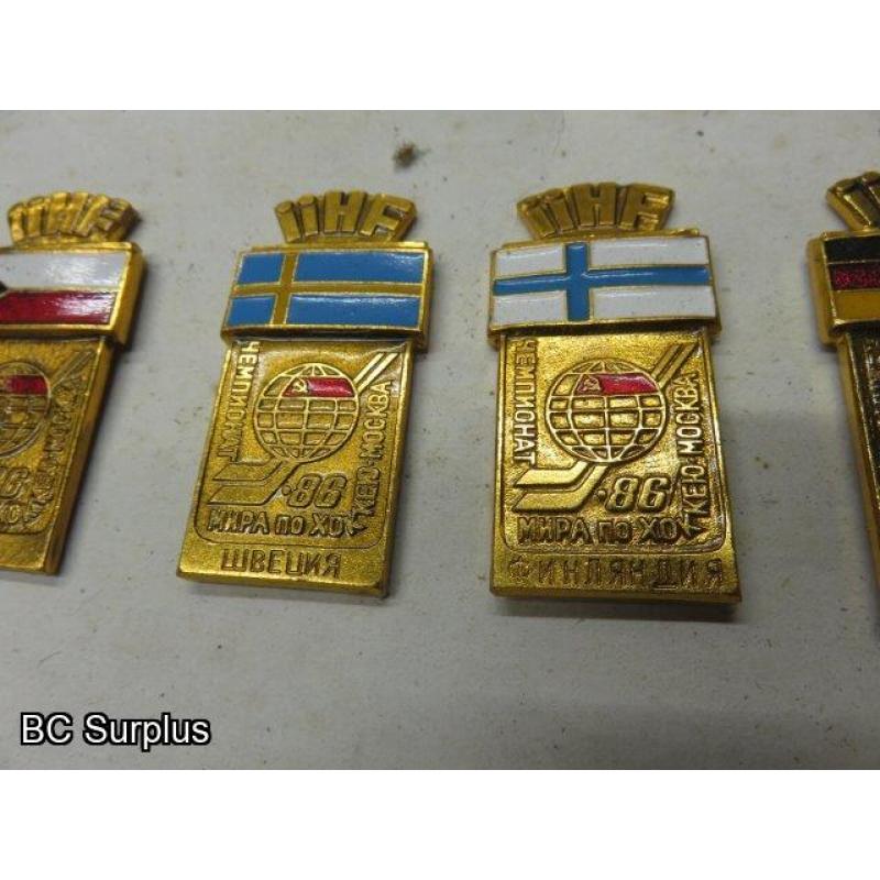 Q-294: IIHF Medals; Collectible Pins; Vintage Car Patches – 1 Lot