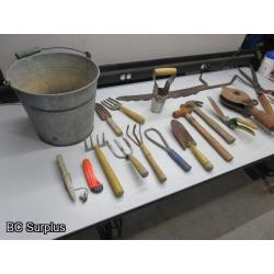 Q-299: Vintage Gardening Tools & Galvanized Bucket – 1 Lot