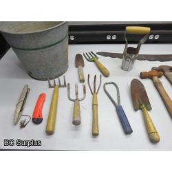 Q-299: Vintage Gardening Tools & Galvanized Bucket – 1 Lot