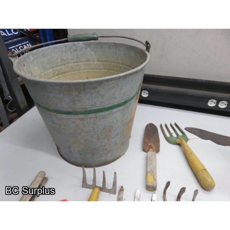 Q-299: Vintage Gardening Tools & Galvanized Bucket – 1 Lot