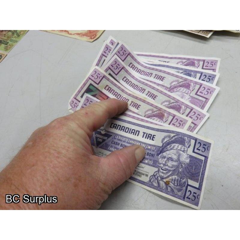 Q-509: Foreign Currency & Canadian Tire Money – 1 Lot