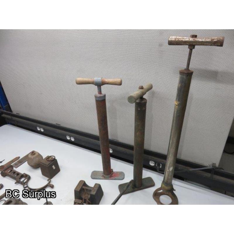 Q-531: Antique Hand Pumps; Scale Weights & Tools – 1 Lot