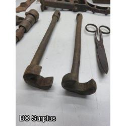 Q-531: Antique Hand Pumps; Scale Weights & Tools – 1 Lot