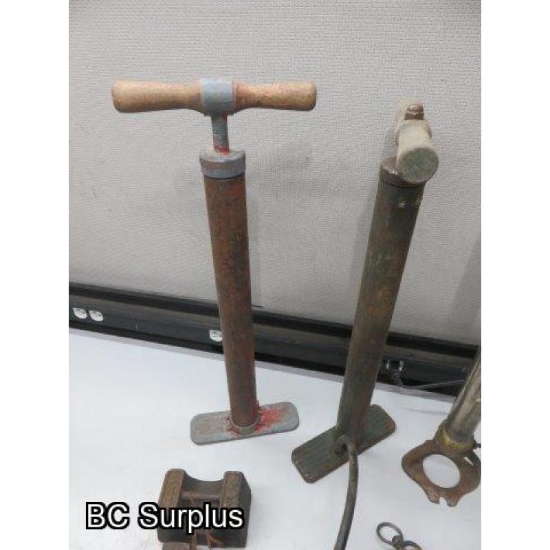 Q-531: Antique Hand Pumps; Scale Weights & Tools – 1 Lot