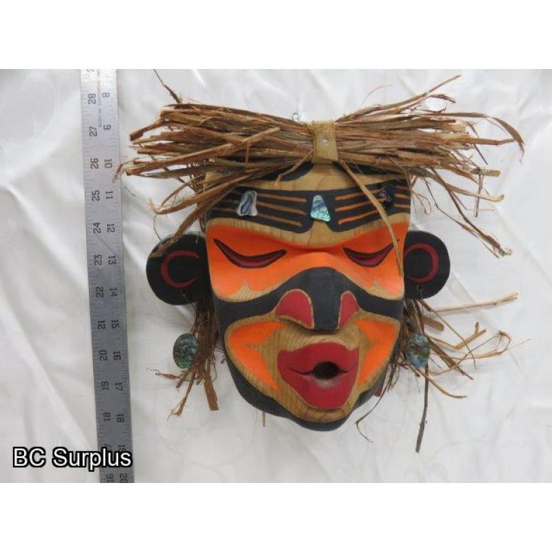 R-3: Carved Indigenous Mask with Mother-of-Pearl Earrings