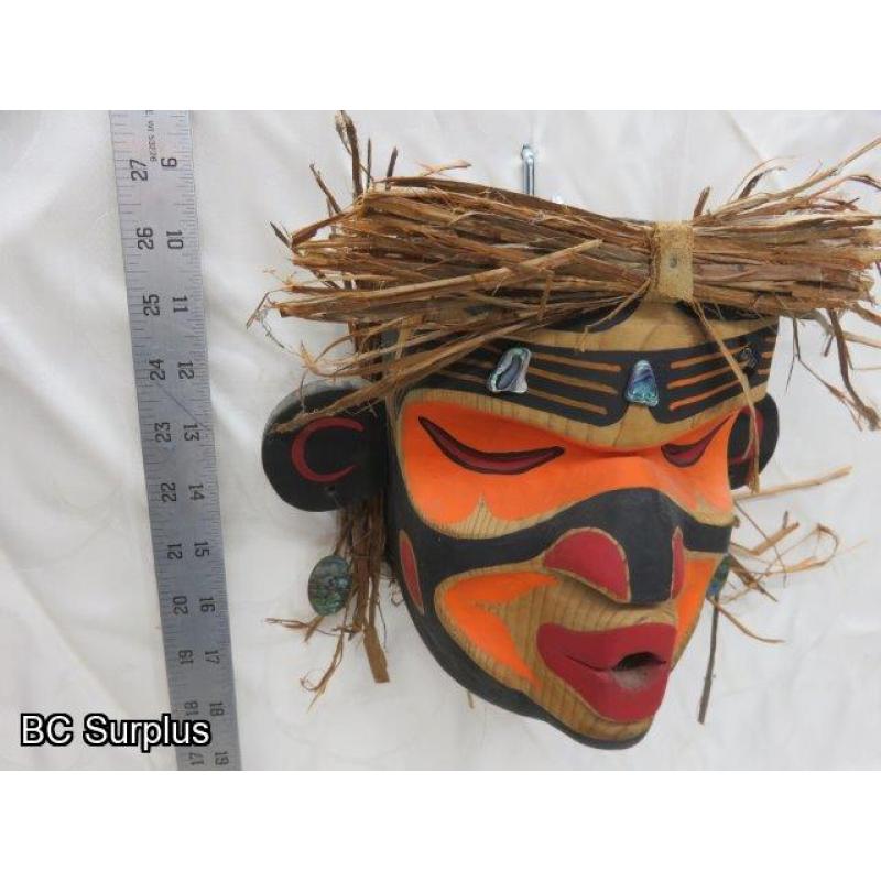 R-3: Carved Indigenous Mask with Mother-of-Pearl Earrings