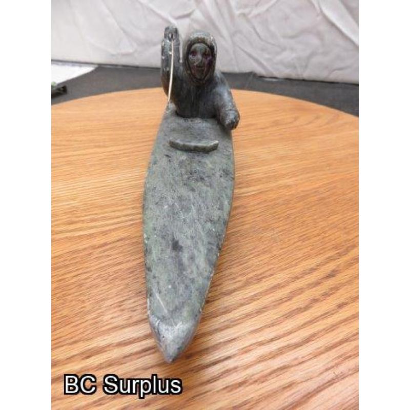 R-88: Inuit Soapstone Carving – Hunter in Kayak – Signed