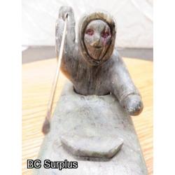 R-88: Inuit Soapstone Carving – Hunter in Kayak – Signed