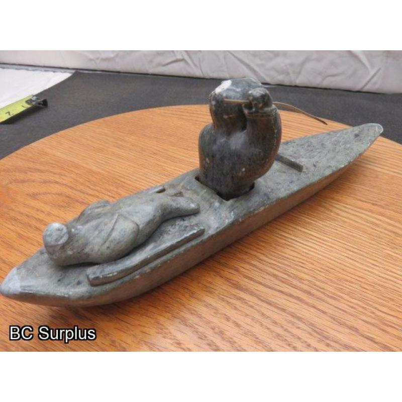 R-88: Inuit Soapstone Carving – Hunter in Kayak – Signed