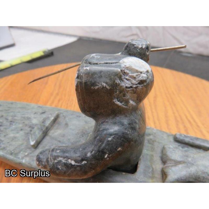 R-88: Inuit Soapstone Carving – Hunter in Kayak – Signed