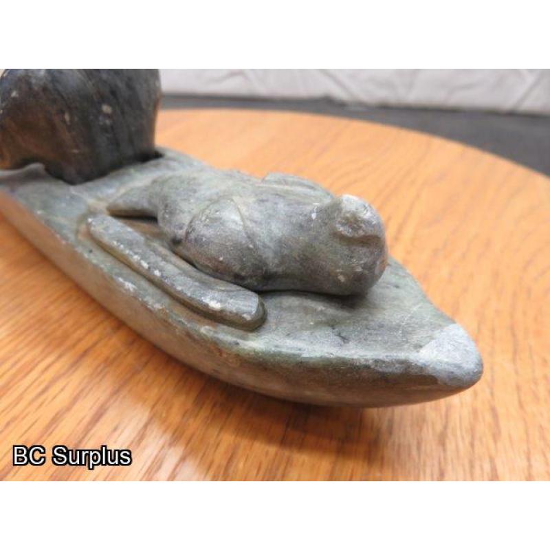 R-88: Inuit Soapstone Carving – Hunter in Kayak – Signed