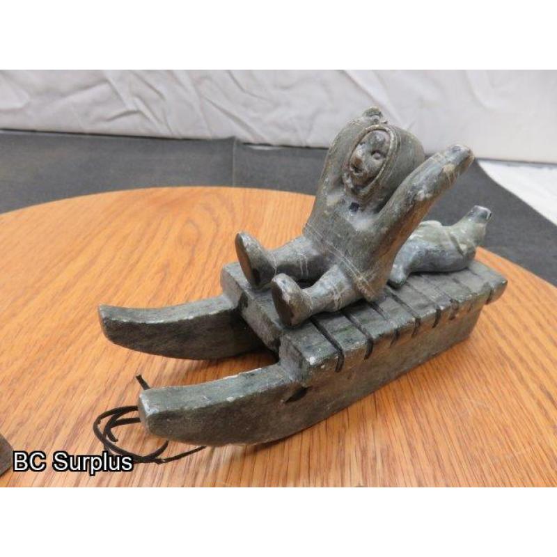 R-95: Inuit Soapstone Carving – Hunter on Sled with Dog Team