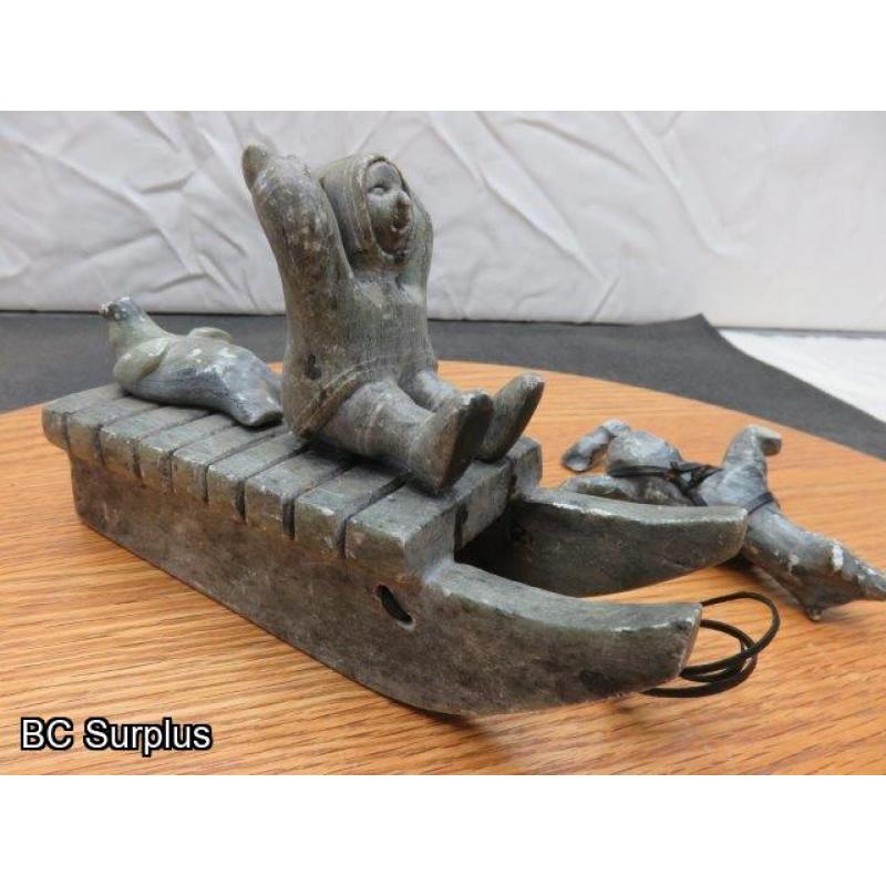 R-95: Inuit Soapstone Carving – Hunter on Sled with Dog Team