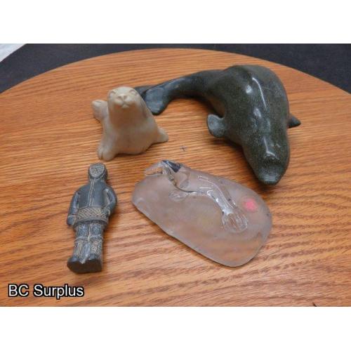 R-98: Inuit Stone Carvings – Beluga; Seals; Hunter – 4 Items