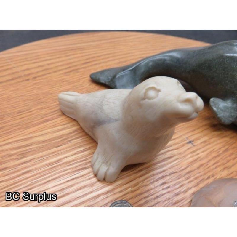 R-98: Inuit Stone Carvings – Beluga; Seals; Hunter – 4 Items