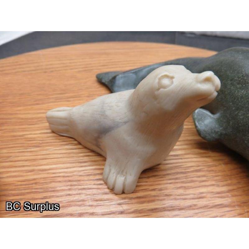 R-98: Inuit Stone Carvings – Beluga; Seals; Hunter – 4 Items