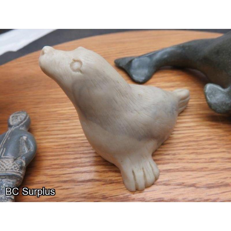 R-98: Inuit Stone Carvings – Beluga; Seals; Hunter – 4 Items