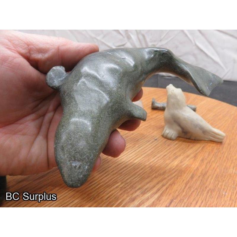 R-98: Inuit Stone Carvings – Beluga; Seals; Hunter – 4 Items