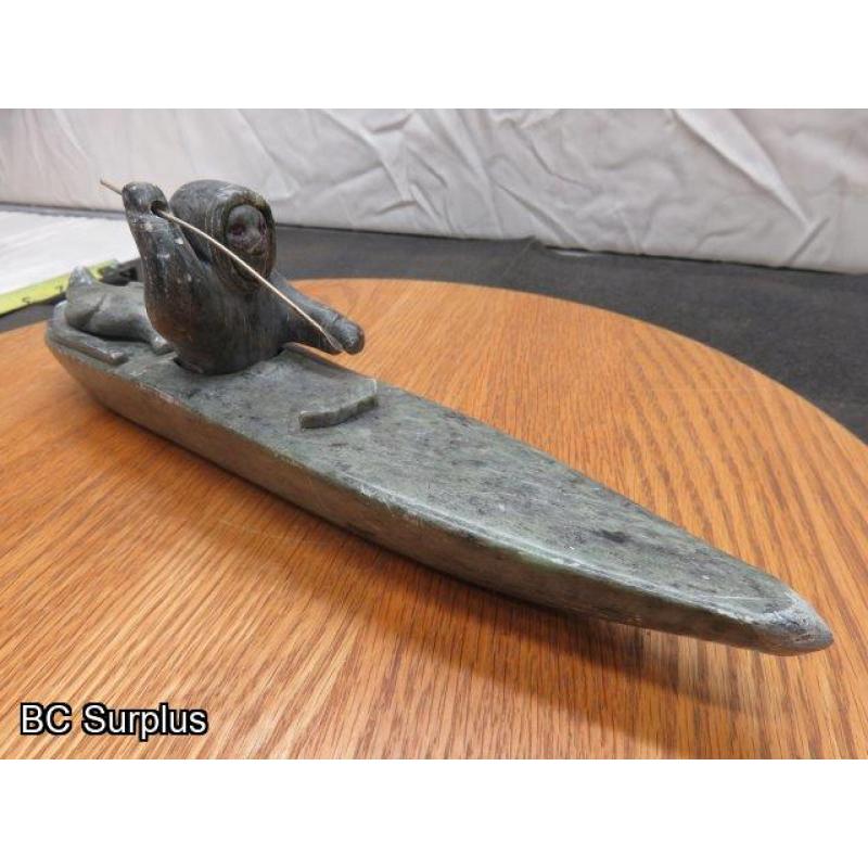 R-88: Inuit Soapstone Carving – Hunter in Kayak – Signed