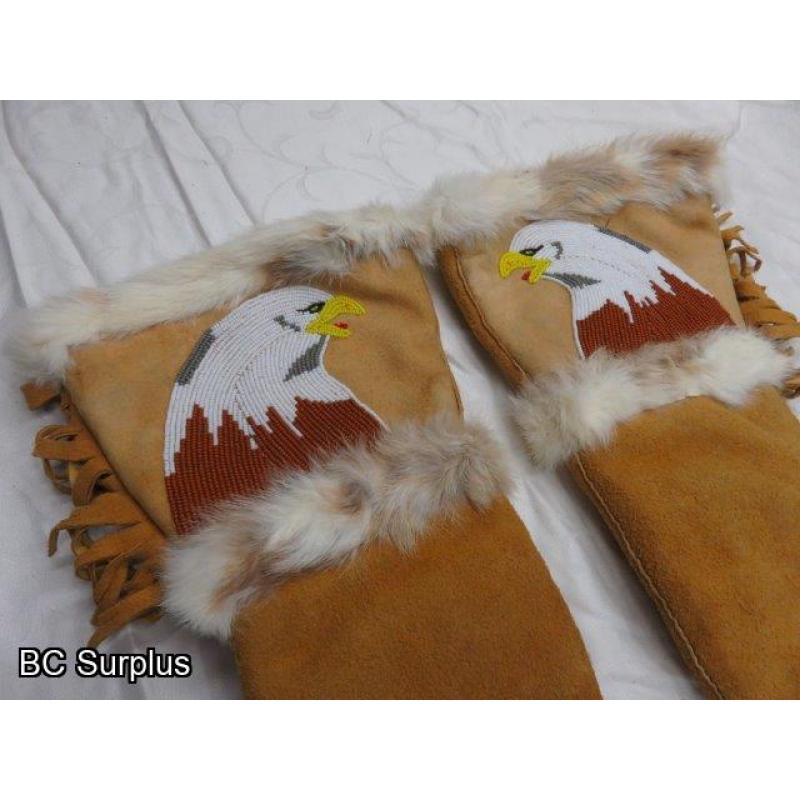 R-169: Beaded Eagle Leather Mittens with Rabbit Cuffs