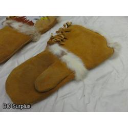 R-169: Beaded Eagle Leather Mittens with Rabbit Cuffs