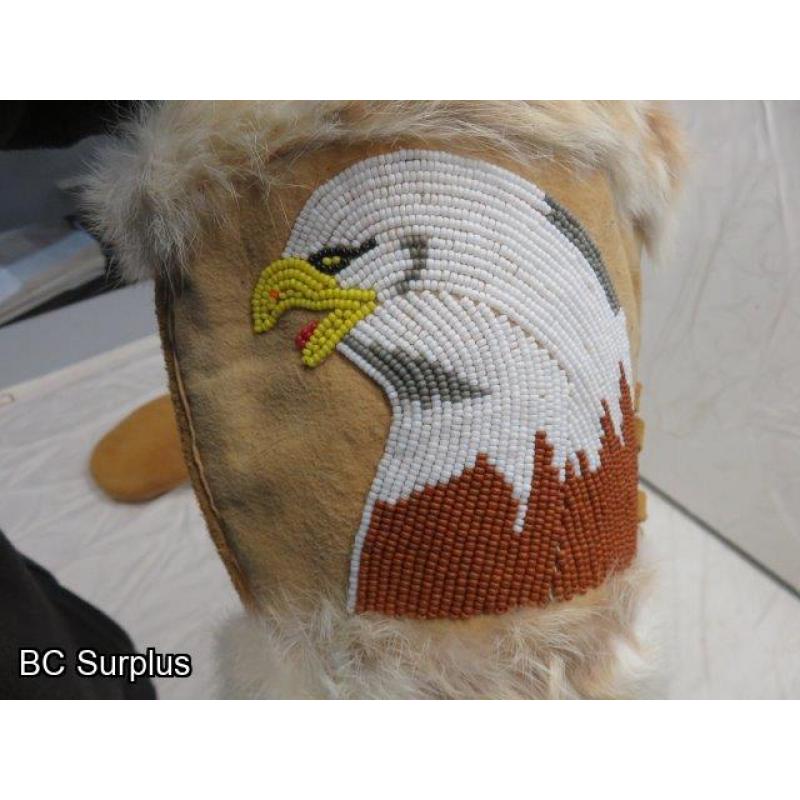 R-169: Beaded Eagle Leather Mittens with Rabbit Cuffs