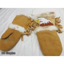 R-169: Beaded Eagle Leather Mittens with Rabbit Cuffs