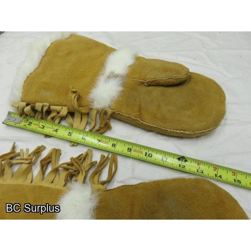 R-169: Beaded Eagle Leather Mittens with Rabbit Cuffs