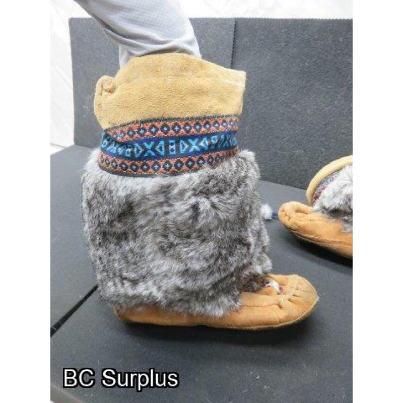 R-260: Beaded Leather Moccasins with Rabbit Fur Uppers