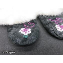 R-265: Black Leather & Fur Trimmer Slipper Moccasins