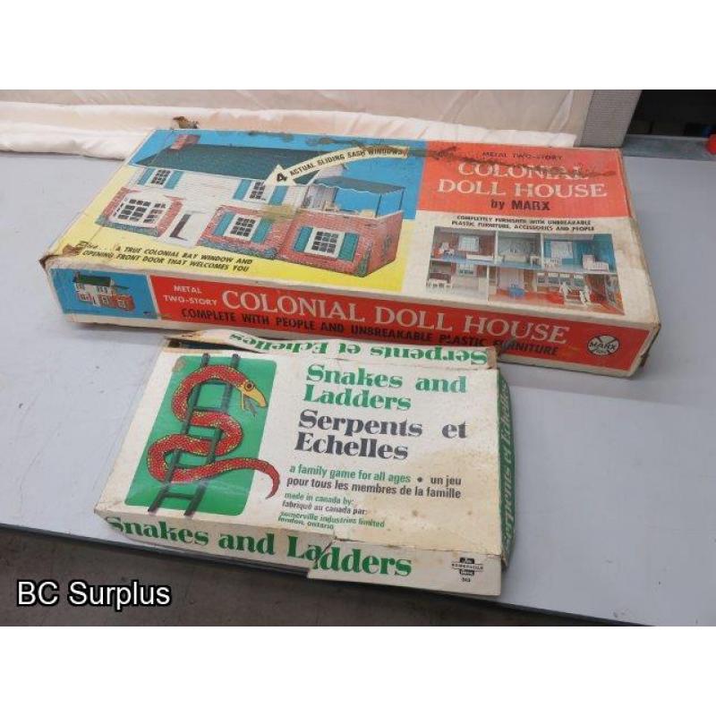 R-517: Vintage Tin Doll House; Snakes & Ladders – 2 Items