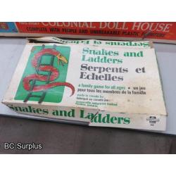 R-517: Vintage Tin Doll House; Snakes & Ladders – 2 Items