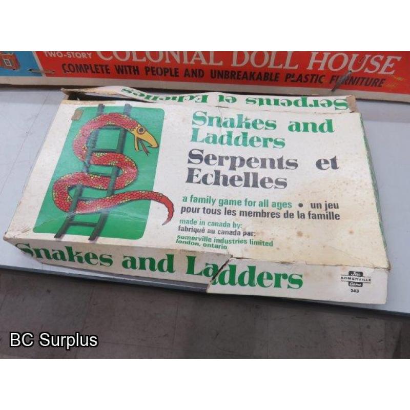 R-517: Vintage Tin Doll House; Snakes & Ladders – 2 Items