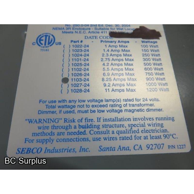 R-675: Sebco Low Voltage Transformer – 120v/24v – Unused