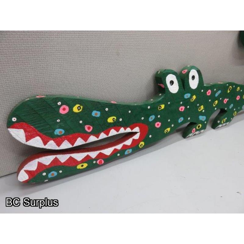 S-46: Green Alligator Painted Folk Art Carving – Signed