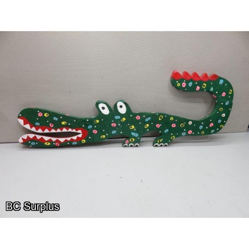 S-46: Green Alligator Painted Folk Art Carving – Signed