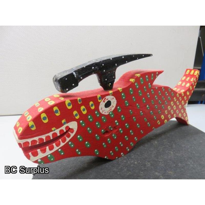 S-73: Folk Art Carved & Painted Wooden Hammer Head Fish