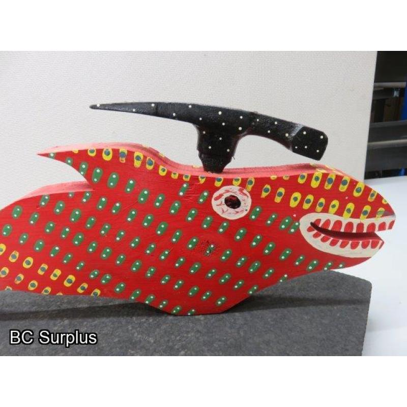 S-73: Folk Art Carved & Painted Wooden Hammer Head Fish