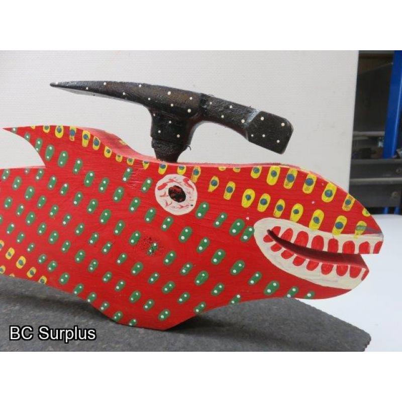 S-73: Folk Art Carved & Painted Wooden Hammer Head Fish