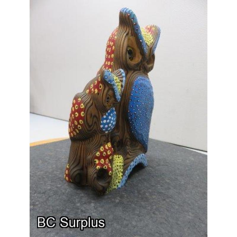 S-63: Folk Art Painted Wooden Owl Family