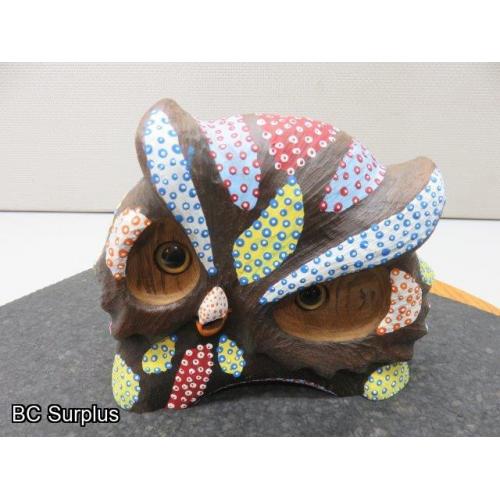 S-68: Folk Art Painted Wooden Owl Head