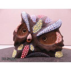 S-68: Folk Art Painted Wooden Owl Head